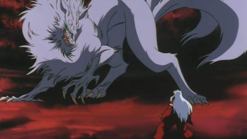 Inuyasha squares off with a wolf demon