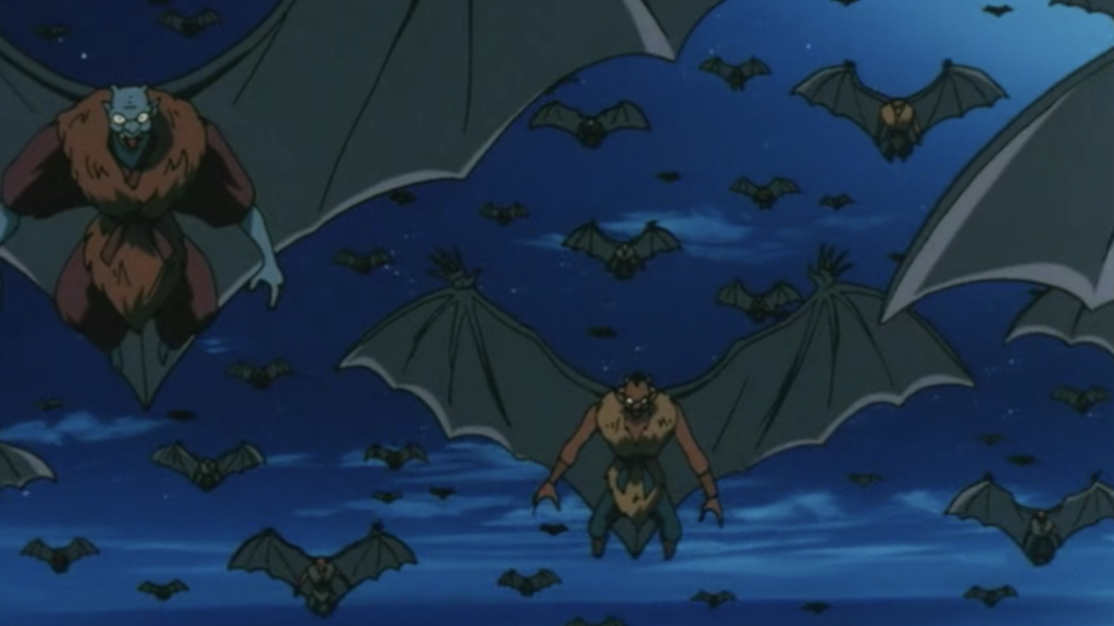 A horde of bat demons flies through the sky