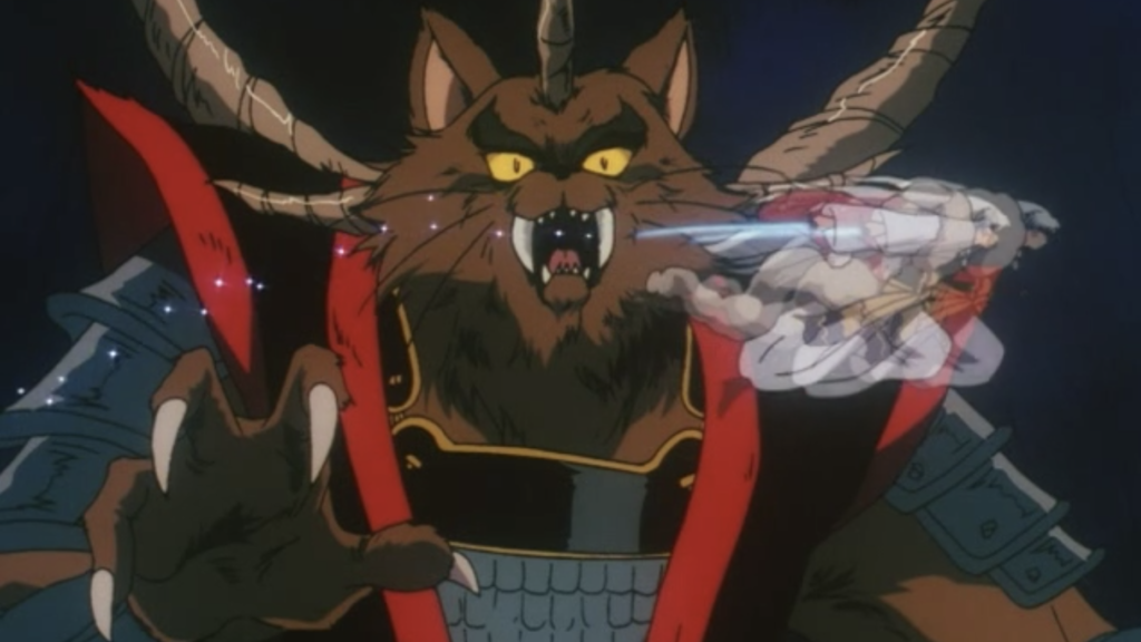 Sesshomaru hits the Panther King with Tenseiga