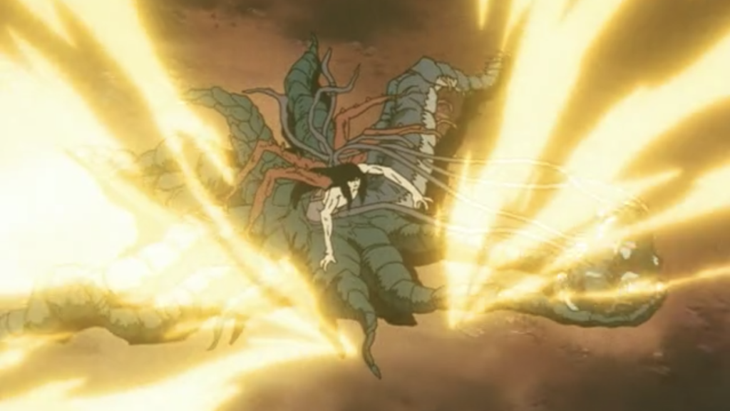 Inuyasha hits Naraku with a Wind Scar